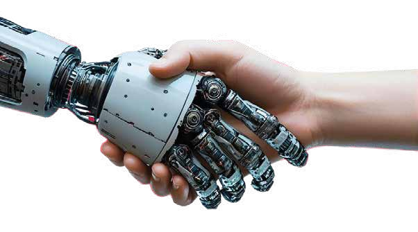 A robotic hand and a human hand shaking
